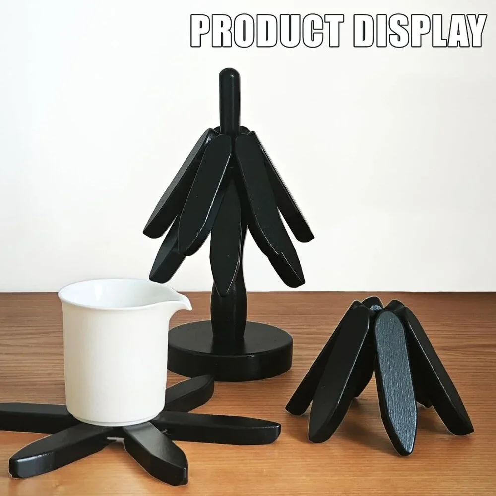 Wooden Trivets for Hot Dishes, Tree Shape Trivet Set, 4 Walnut Wood + 1 Stand st